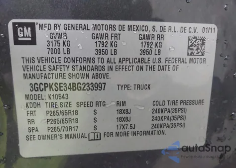 2011 Chevrolet Silverado 1500 Lt z USA, uszkodzony, nr VIN 3GCPKSE34BG233997